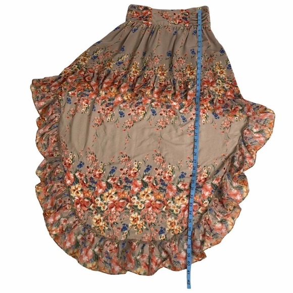 MILLAU Tan Multicolored Floral Print High Low Asymmetrical Ruffled Skirt - Picture 5 of 14